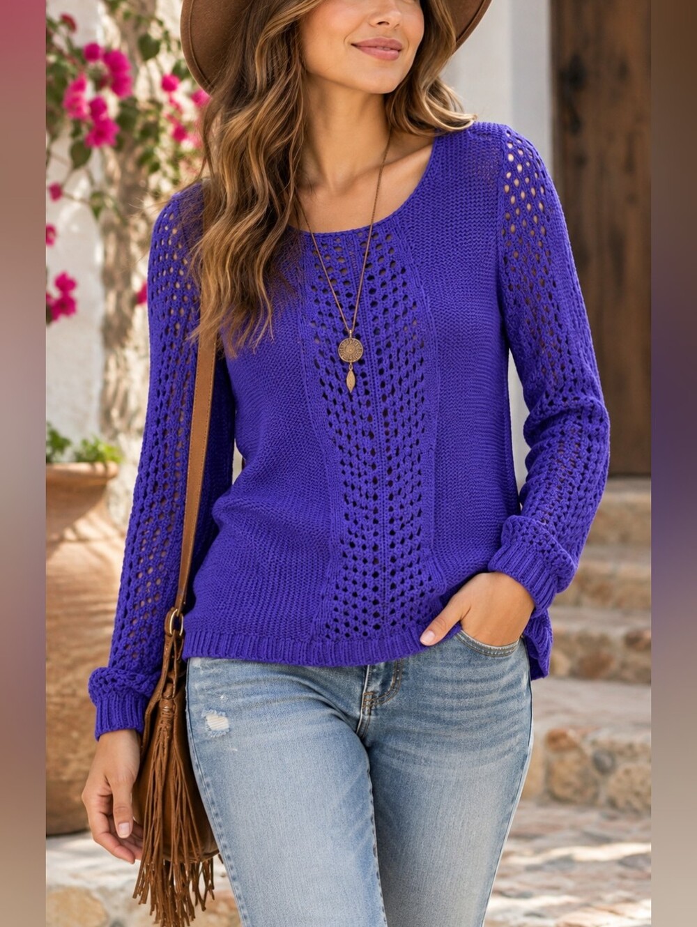 Northern Reflections Petite Purple Open Knit Scoop Neck Sweater Size M